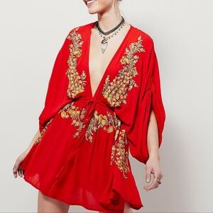 Free People Pretty Pineapple Deep V Embroidery Dress in Poppy